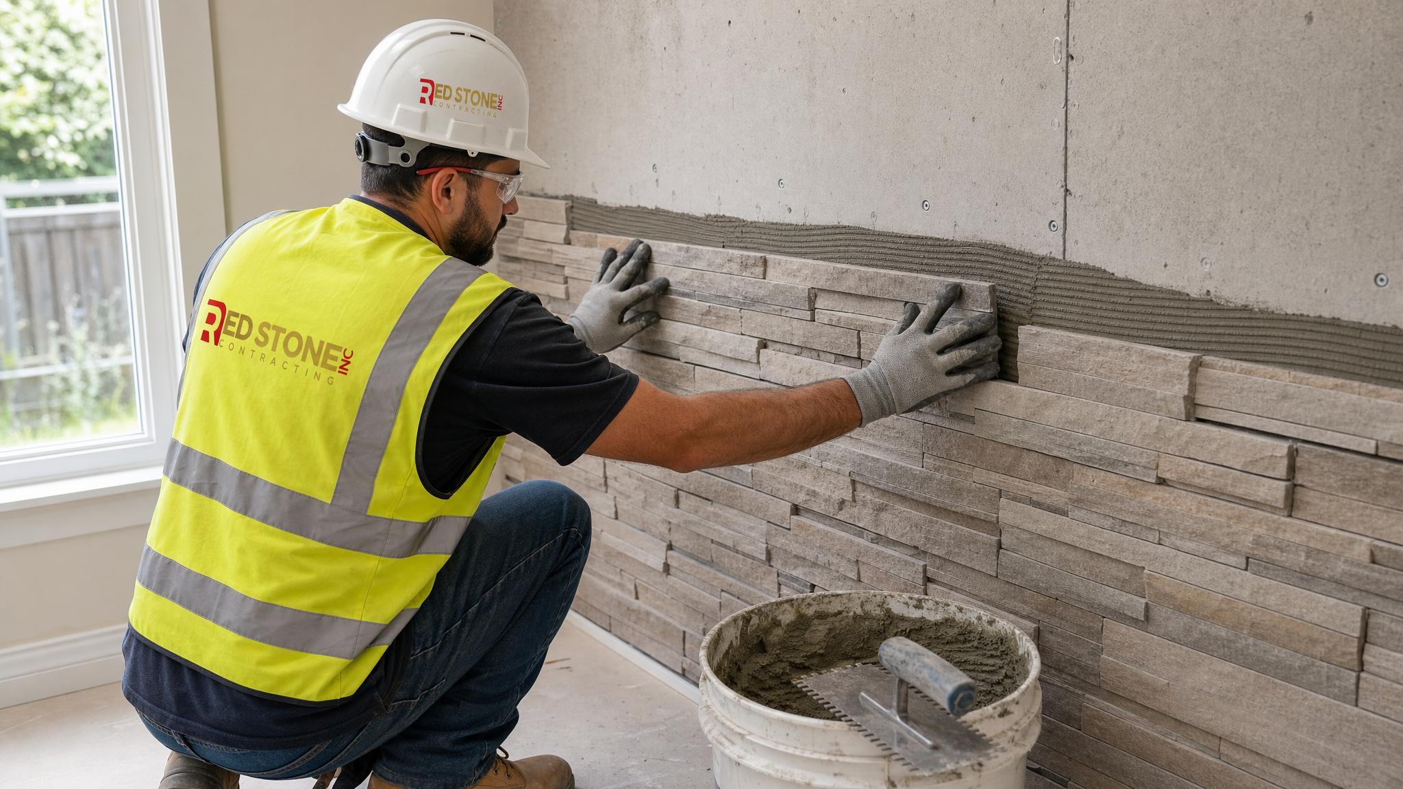 Red Stone Contracting worker in hard hat, safety vest, safety glasses and gloves installing stone veneer feature wall Toronto interior