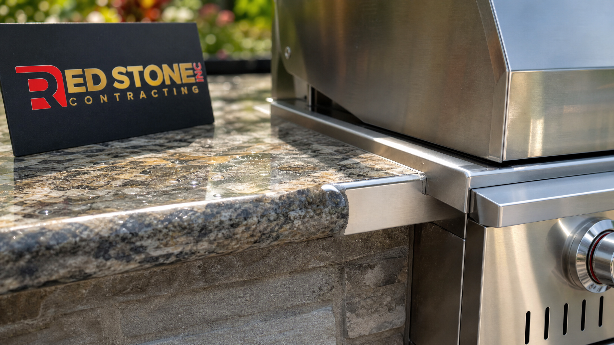 Close-up detail of a sealed stone counter edge and built-in grill on an outdoor kitchen build Toronto project