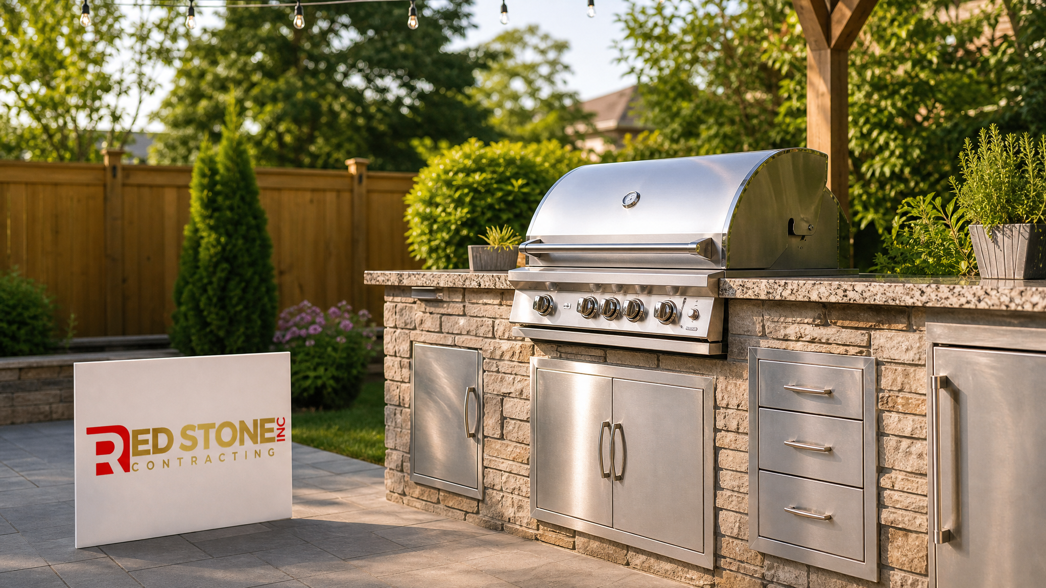 Completed outdoor kitchen build Toronto backyard with stone counter and built-in grill in summer daylight