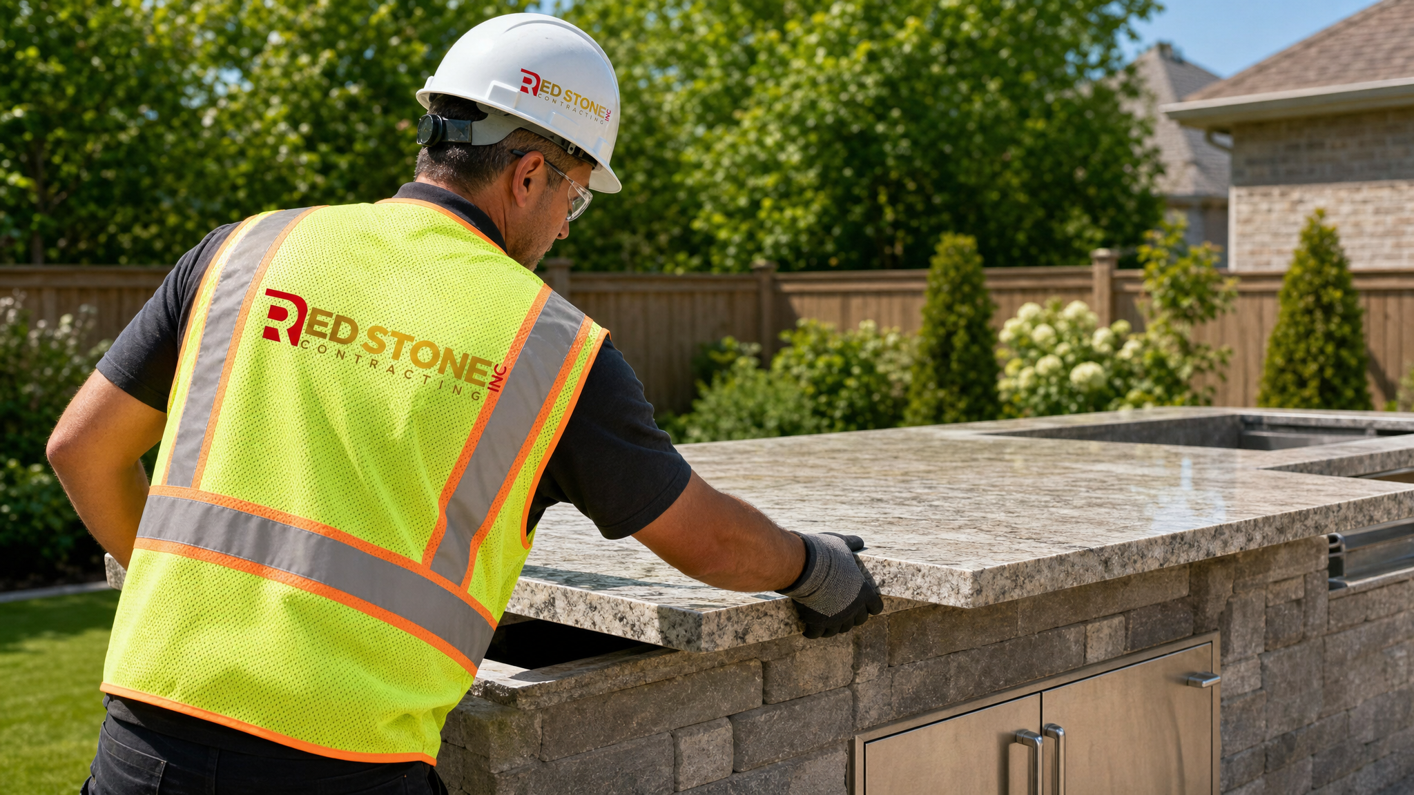 Contractor in full safety gear installing a stone counter during an outdoor kitchen build Toronto project