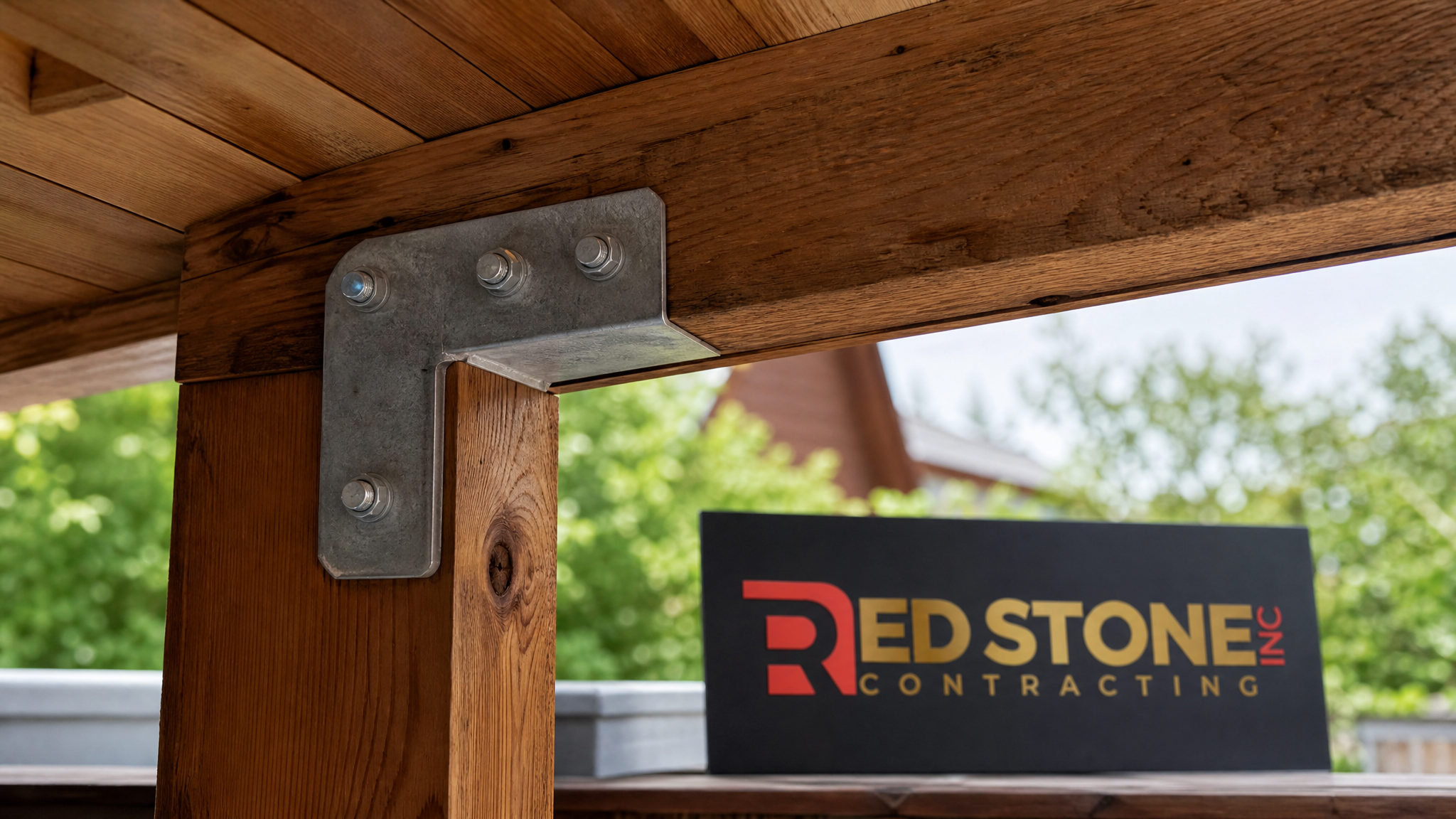 Close-up detail of cedar tongue-and-groove ceiling and beam joint on a covered porch addition Toronto build