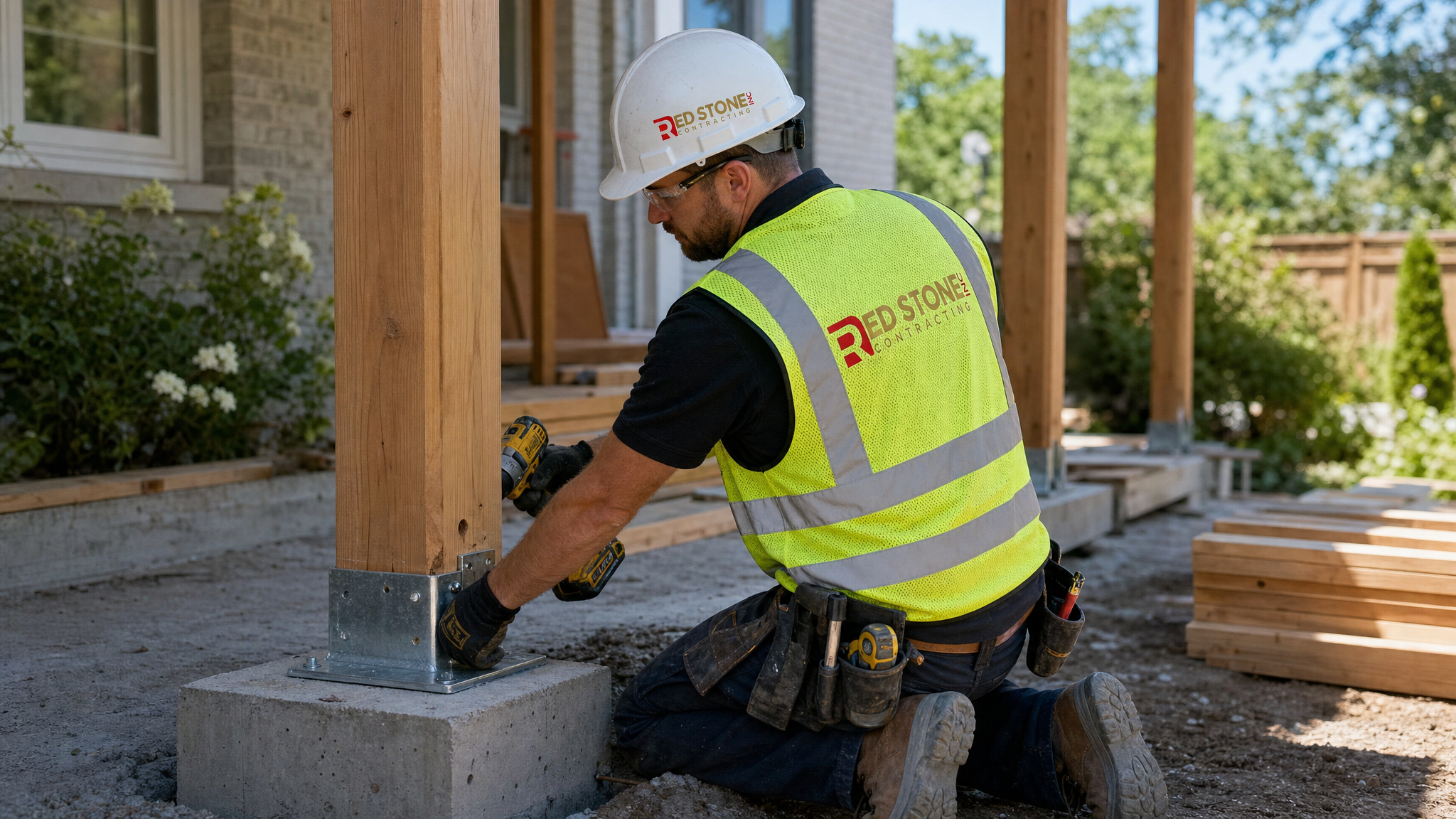Construction worker in full safety gear setting a post bracket on a covered porch addition Toronto footing