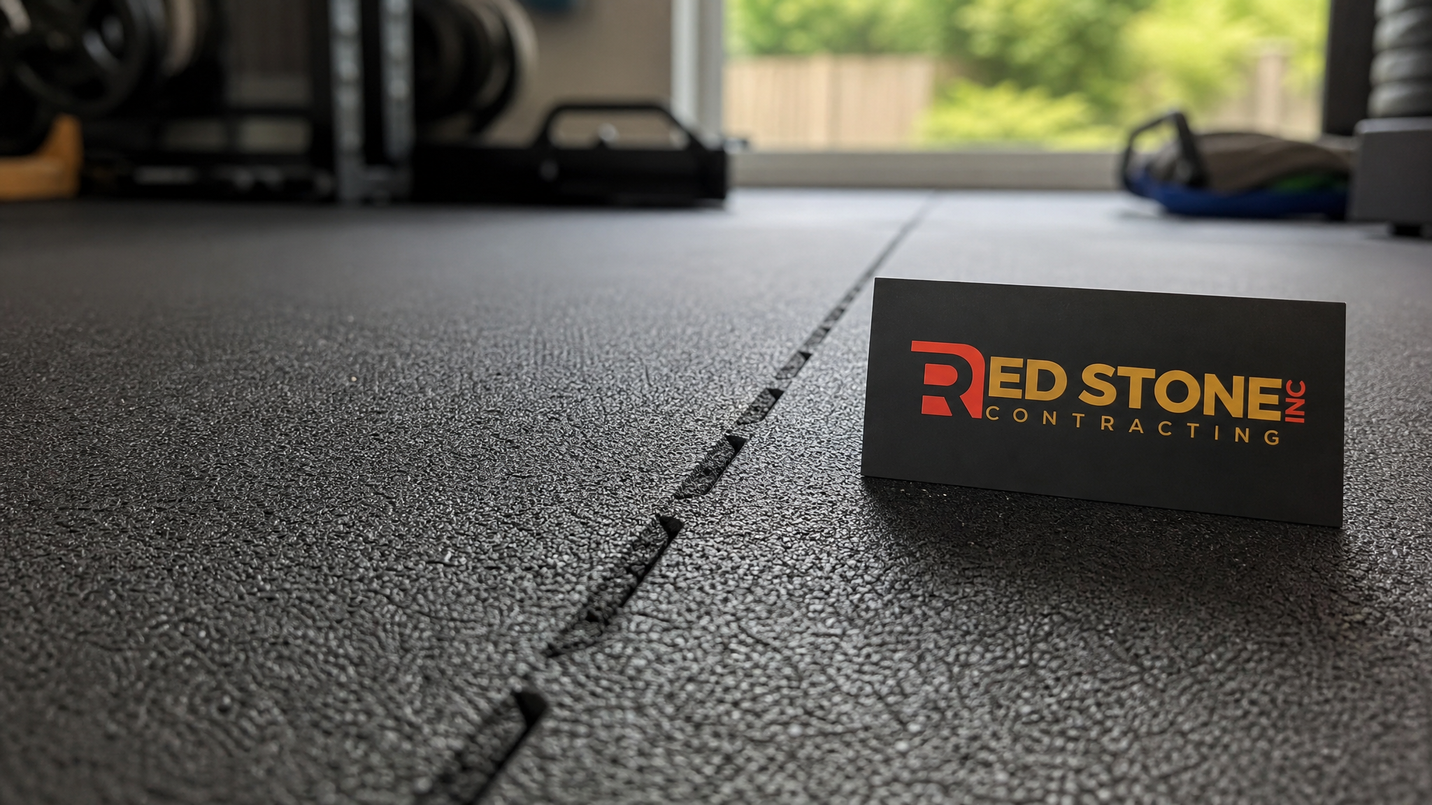 Close-up detail of interlocking rubber gym flooring seams in a finished home gym renovation Toronto project