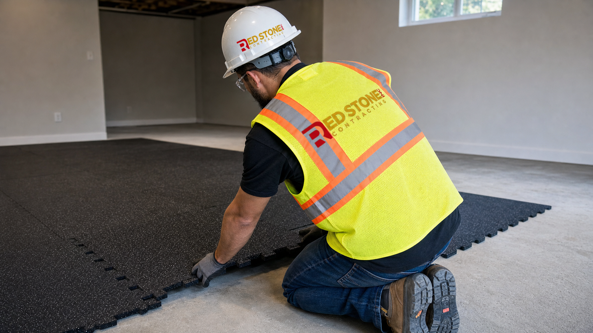 Renovation worker in full safety gear installing rubber gym flooring during a home gym renovation Toronto project