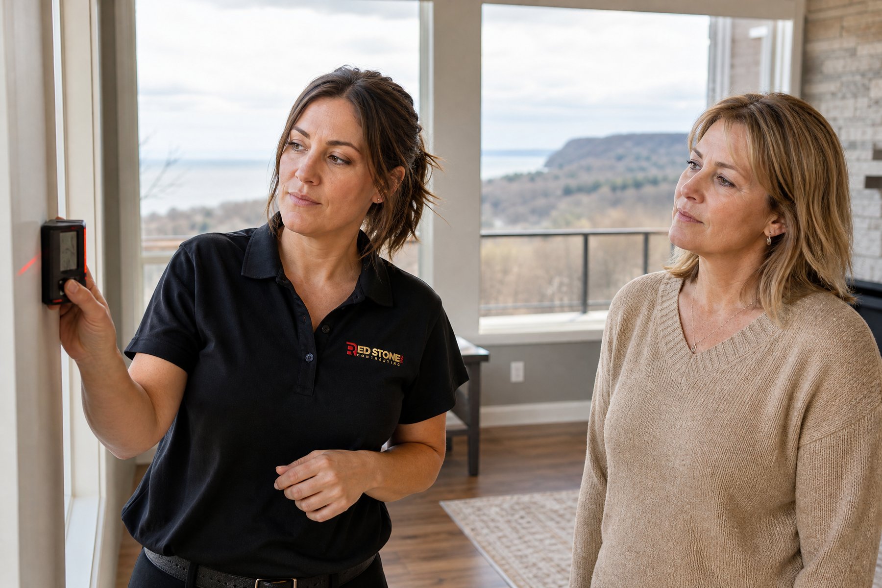 Red Stone Contracting Renovation Crew Burlington Red Stone Contracting consultation with homeowners in Burlington