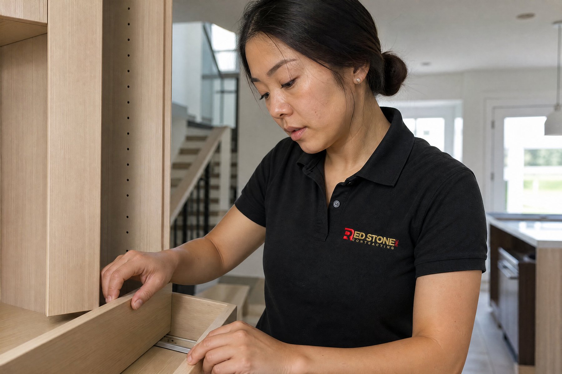 Red Stone Contracting crew installing flooring in a Mississauga home renovation