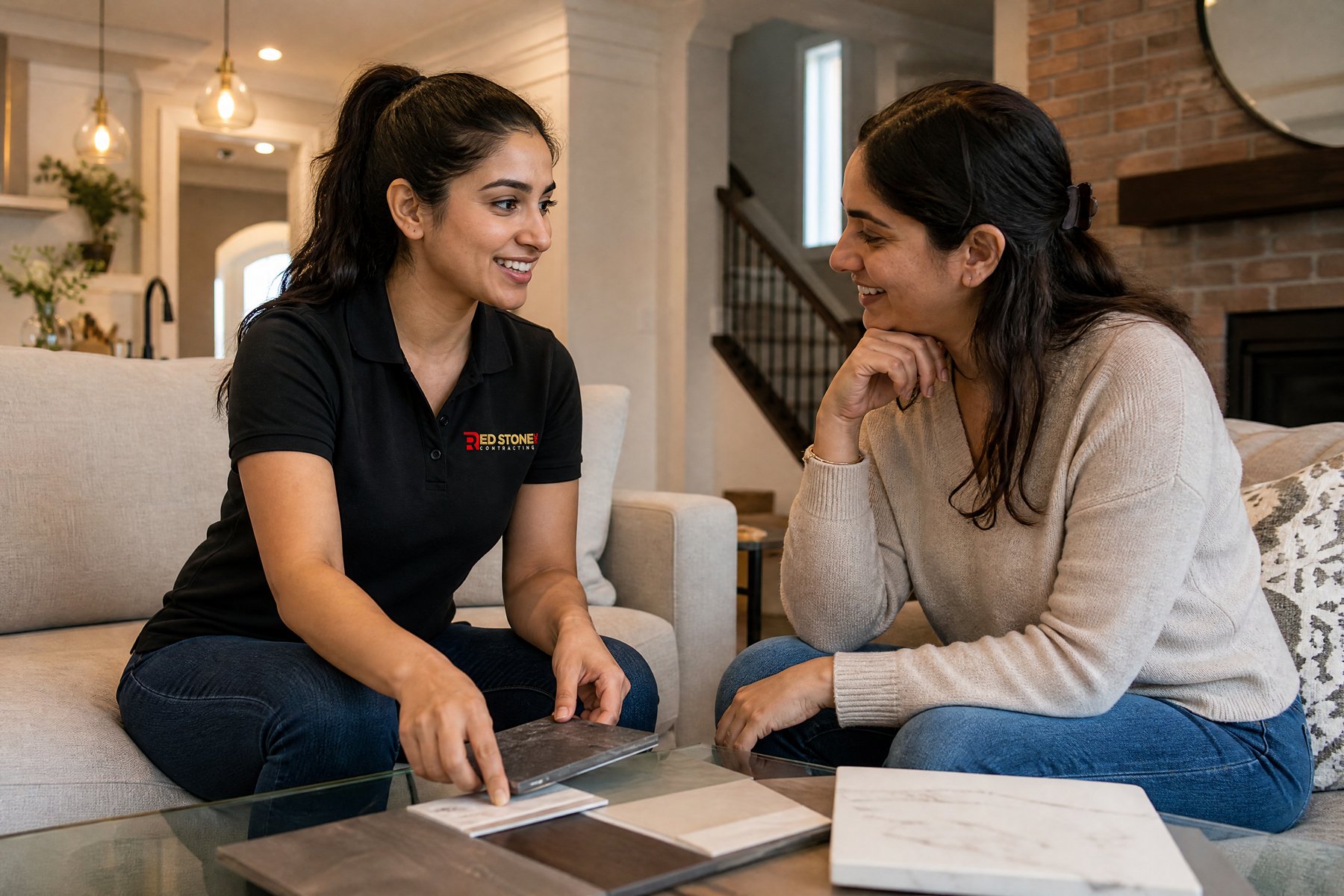 Red Stone Contracting Renovation Crew Brampton Red Stone Contracting consultation with homeowners in Brampton