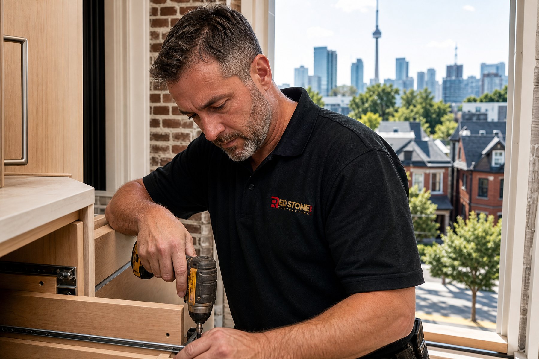 w=9999 (2) Red Stone Contracting crew installing flooring in a Toronto home renovation