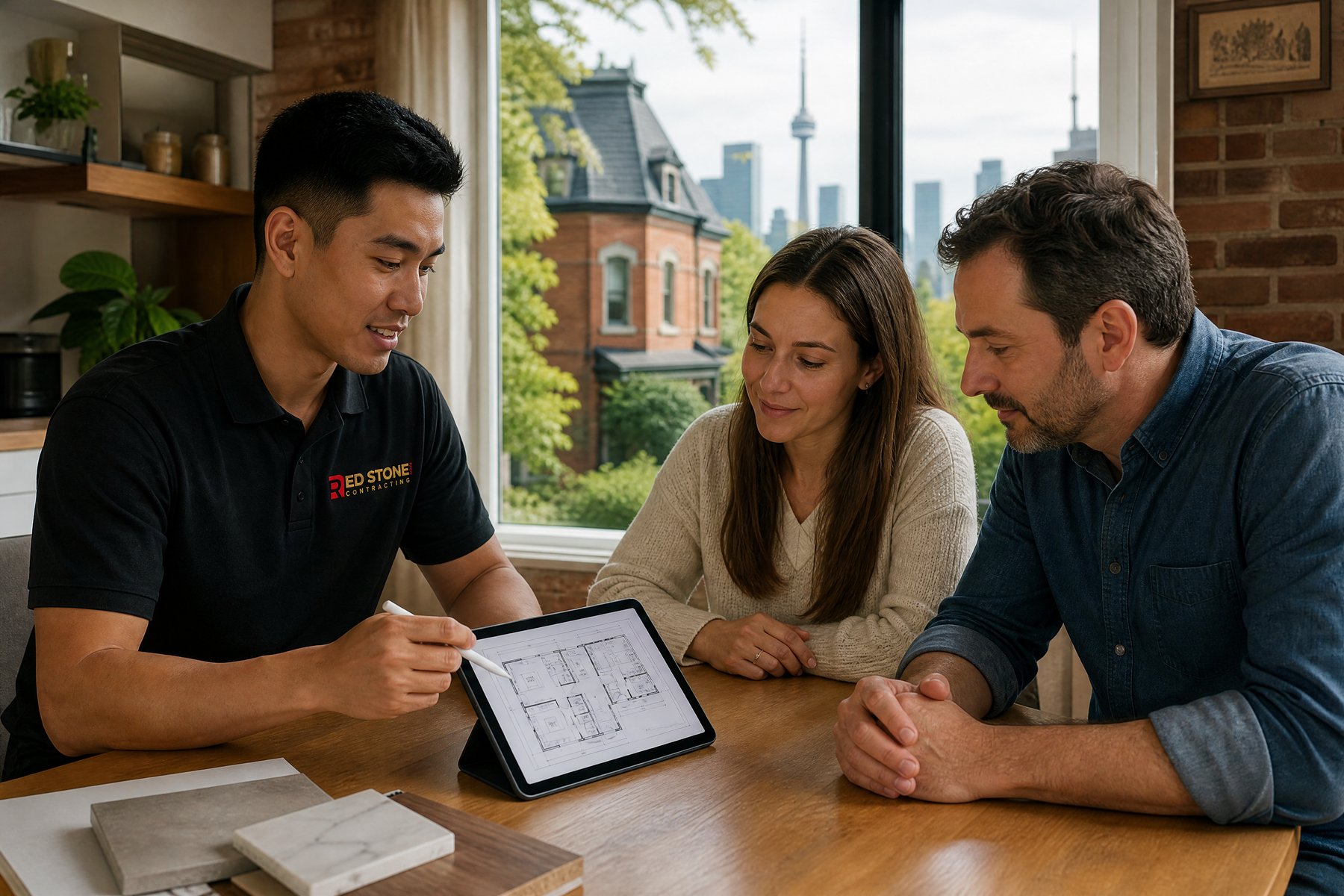 Red Stone Contracting Renovation Crew Toronto Red Stone Contracting consultation with homeowners in Toronto