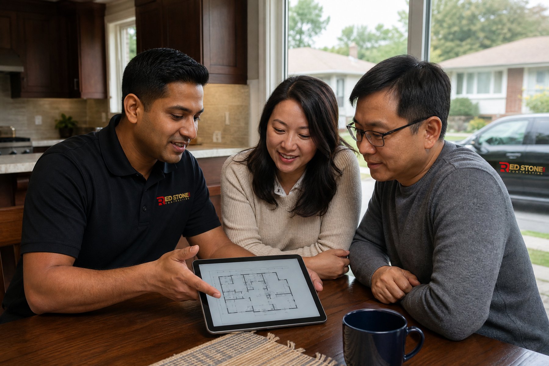 Red Stone Contracting Renovation Crew Scarborough Red Stone Contracting consultation with homeowners in Scarborough