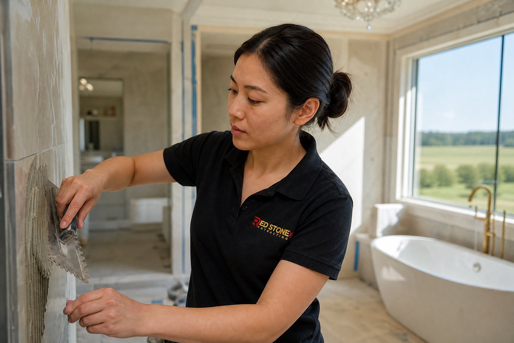 Red Stone Contracting crew installing flooring in a King home renovation