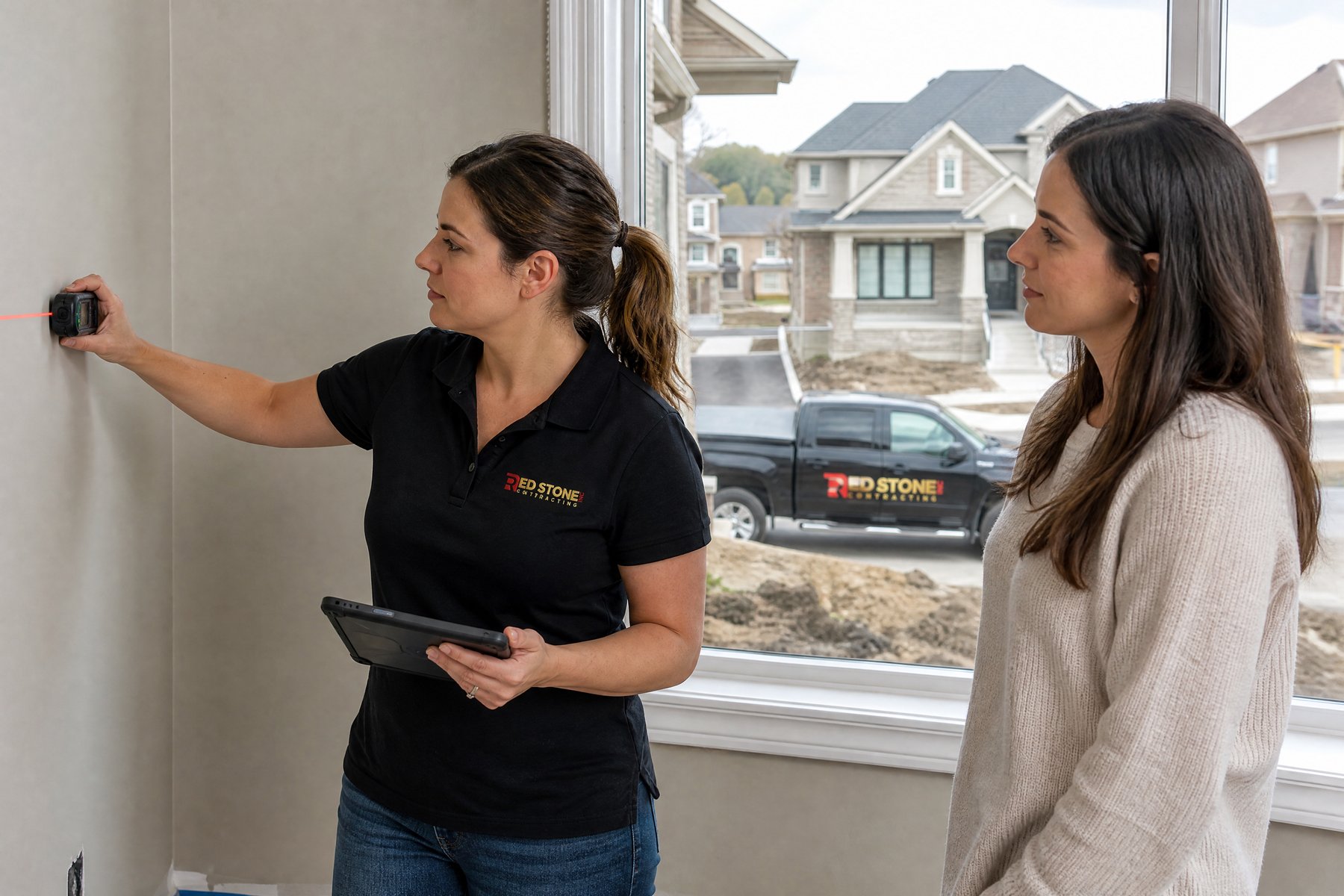 Red Stone Contracting Renovation Crew Durham Region Red Stone Contracting consultation with homeowners in Durham Region