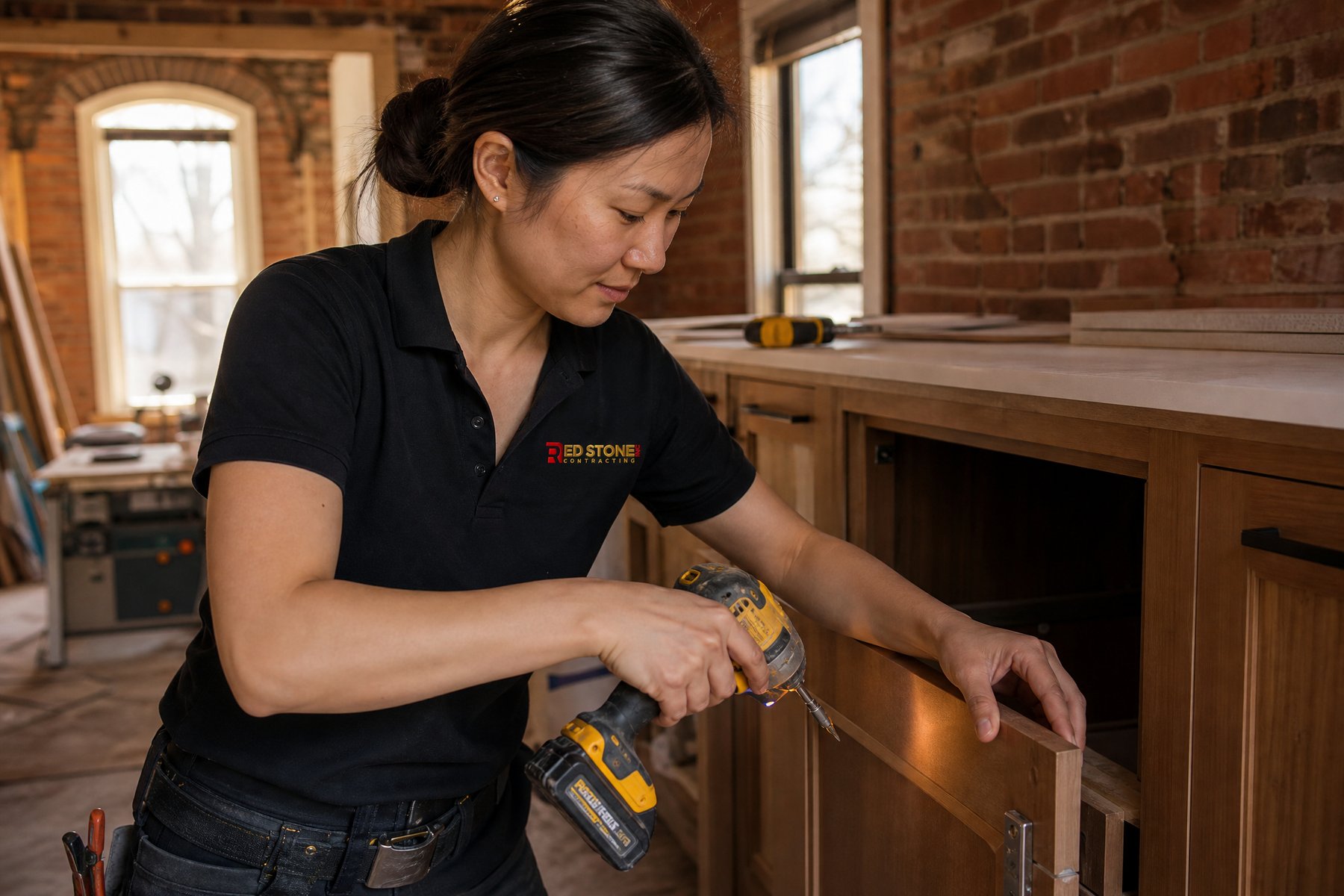 Red Stone Contracting crew installing flooring in a Oshawa home renovation