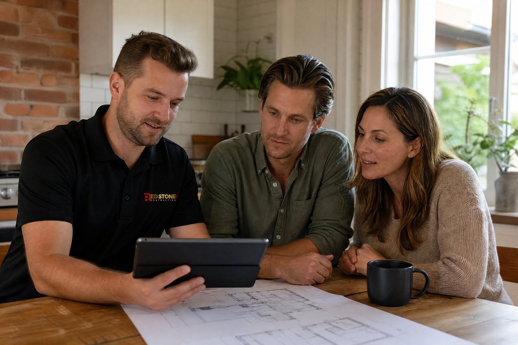 Red Stone Contracting Renovation Crew Oshawa Red Stone Contracting consultation with homeowners in Oshawa