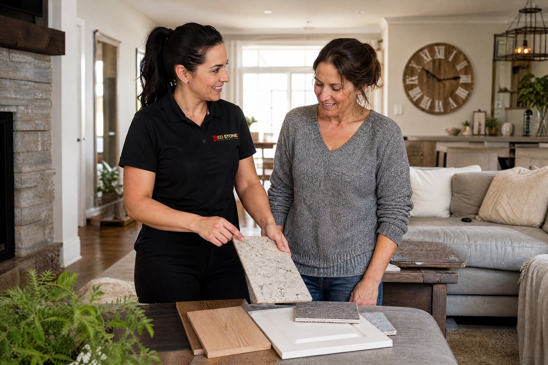 Red Stone Contracting Renovation Crew Clarington Red Stone Contracting consultation with homeowners in Clarington