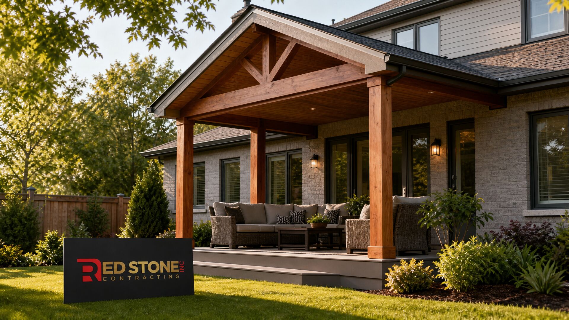 Covered porch addition with timber posts by Red Stone Contracting
