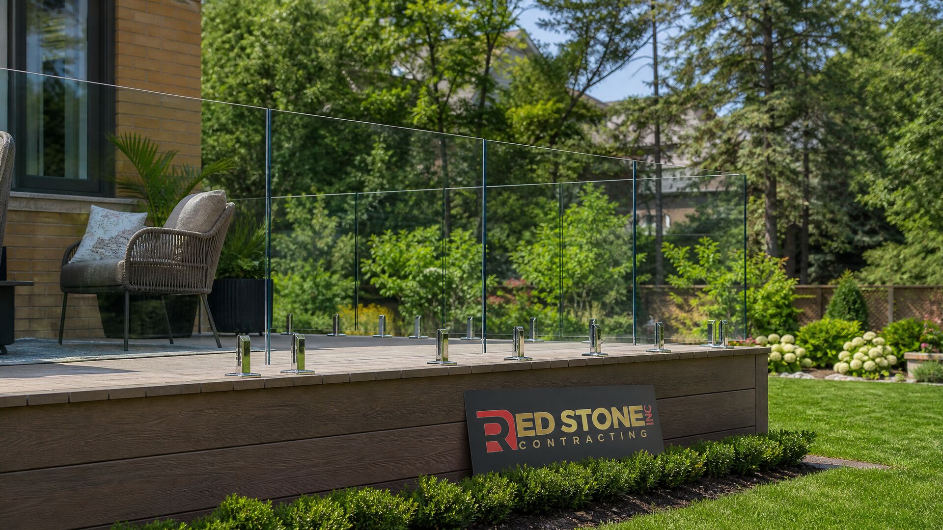 Backyard deck with glass railings built by Red Stone Contracting