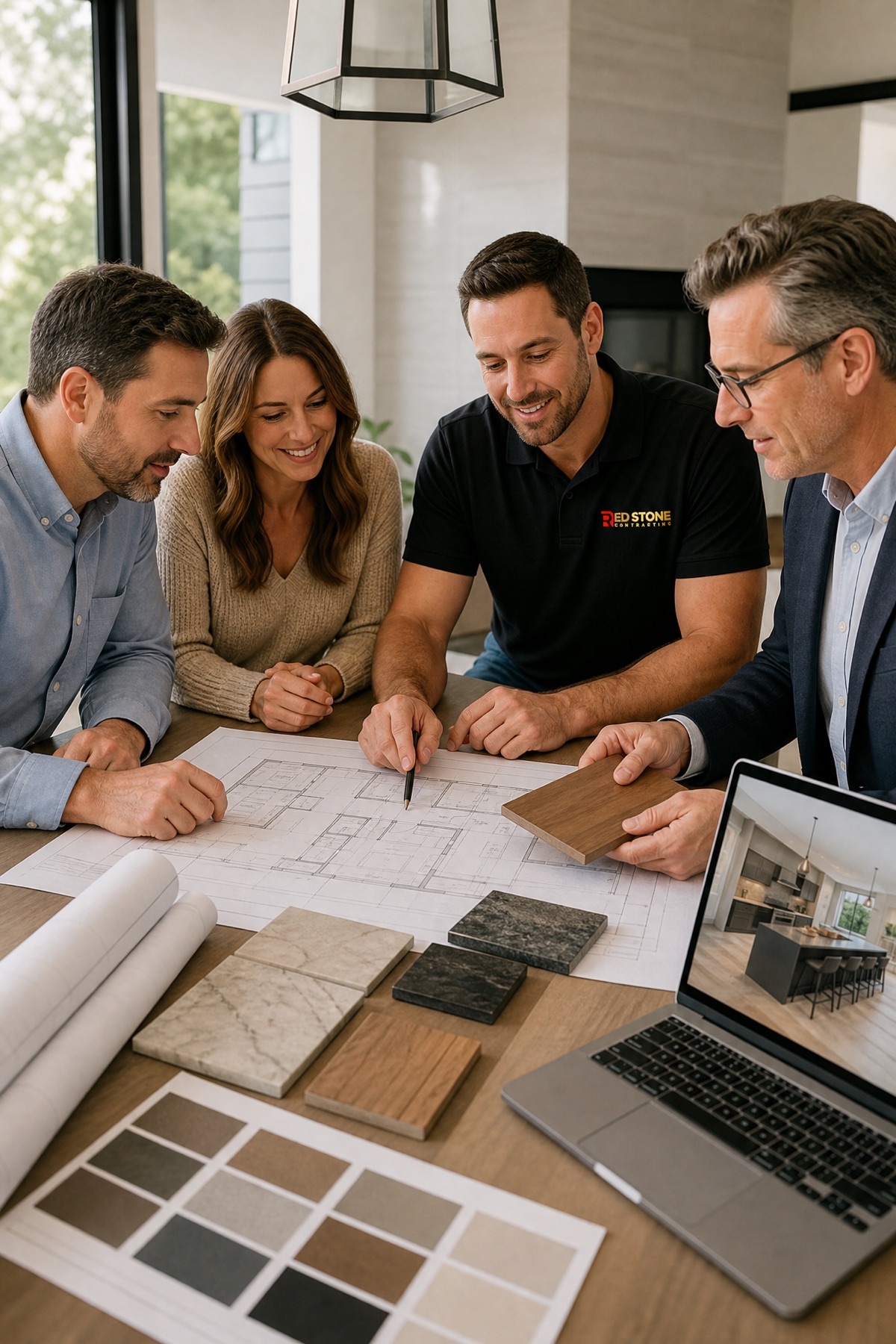 Red Stone Contracting Renovation Crew Oakville Red Stone Contracting crew member and architect reviewing plans with homeowners