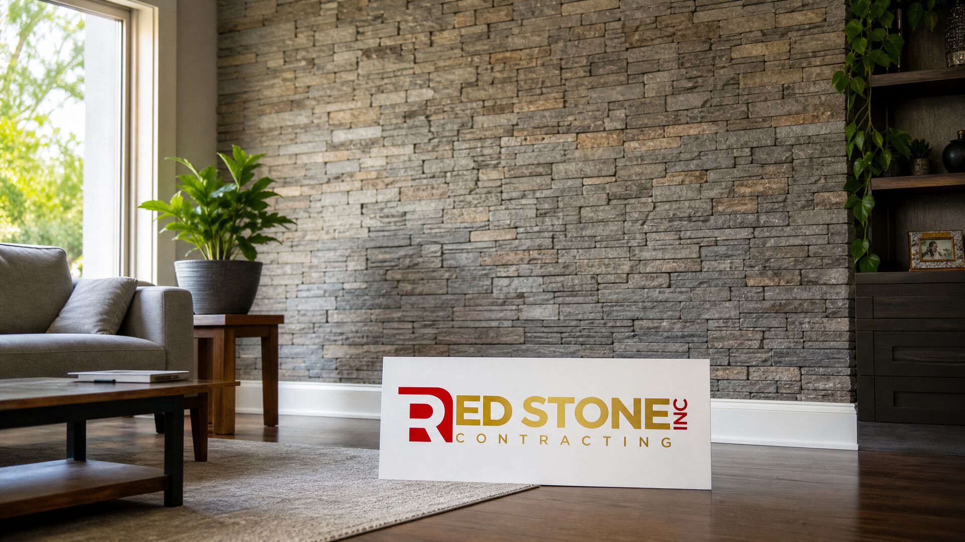 Living room with interior stone veneer feature wall by Red Stone Contracting