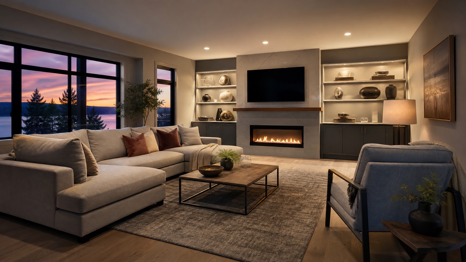 Beautifully restored modern living room after professional damage restoration by Red Stone Contracting