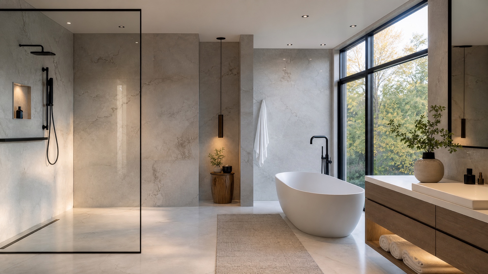 Spa-like renovated bathroom with freestanding tub and glass shower by Red Stone Contracting