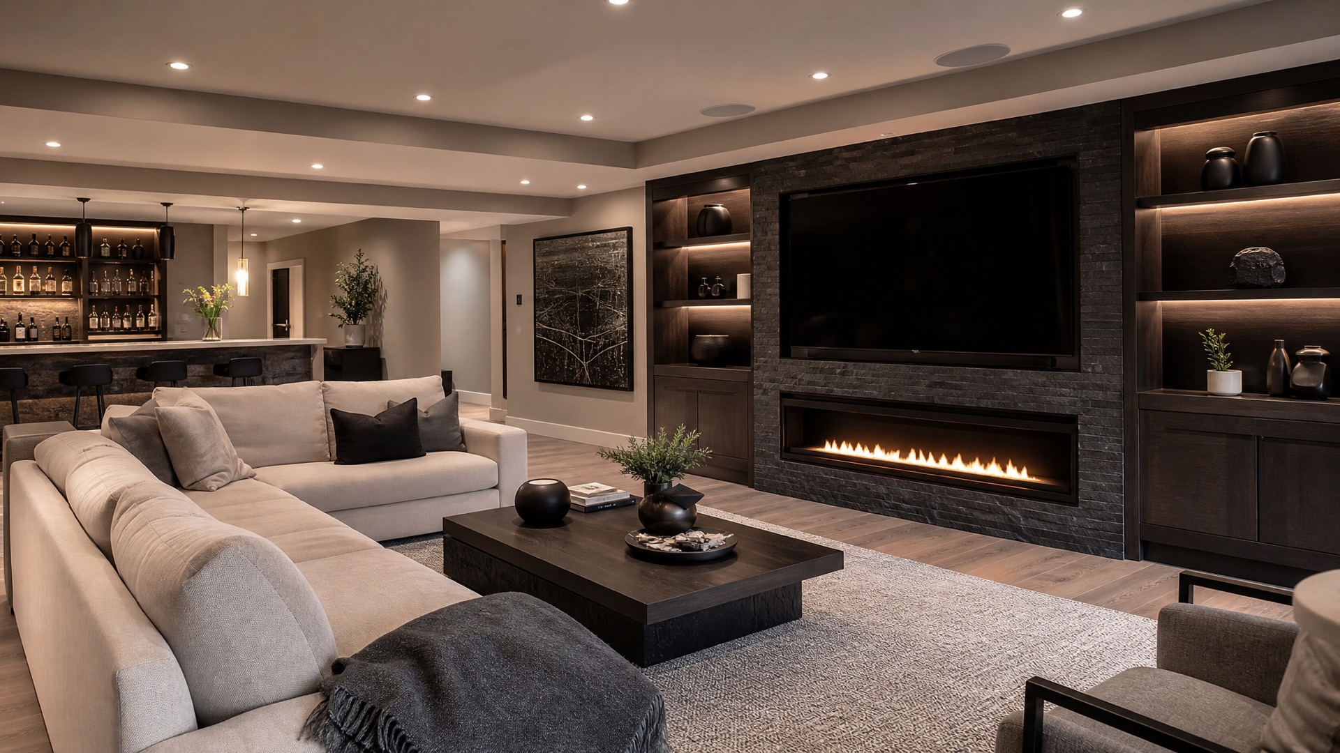 Luxurious finished basement with media wall and fireplace by Red Stone Contracting