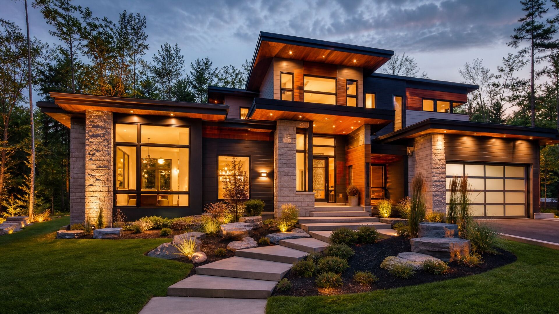 Modern custom home exterior at dusk built by Red Stone Contracting